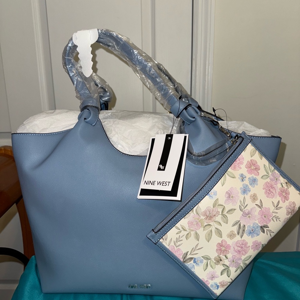 Nine West Light Blue Tote with Floral Pouch